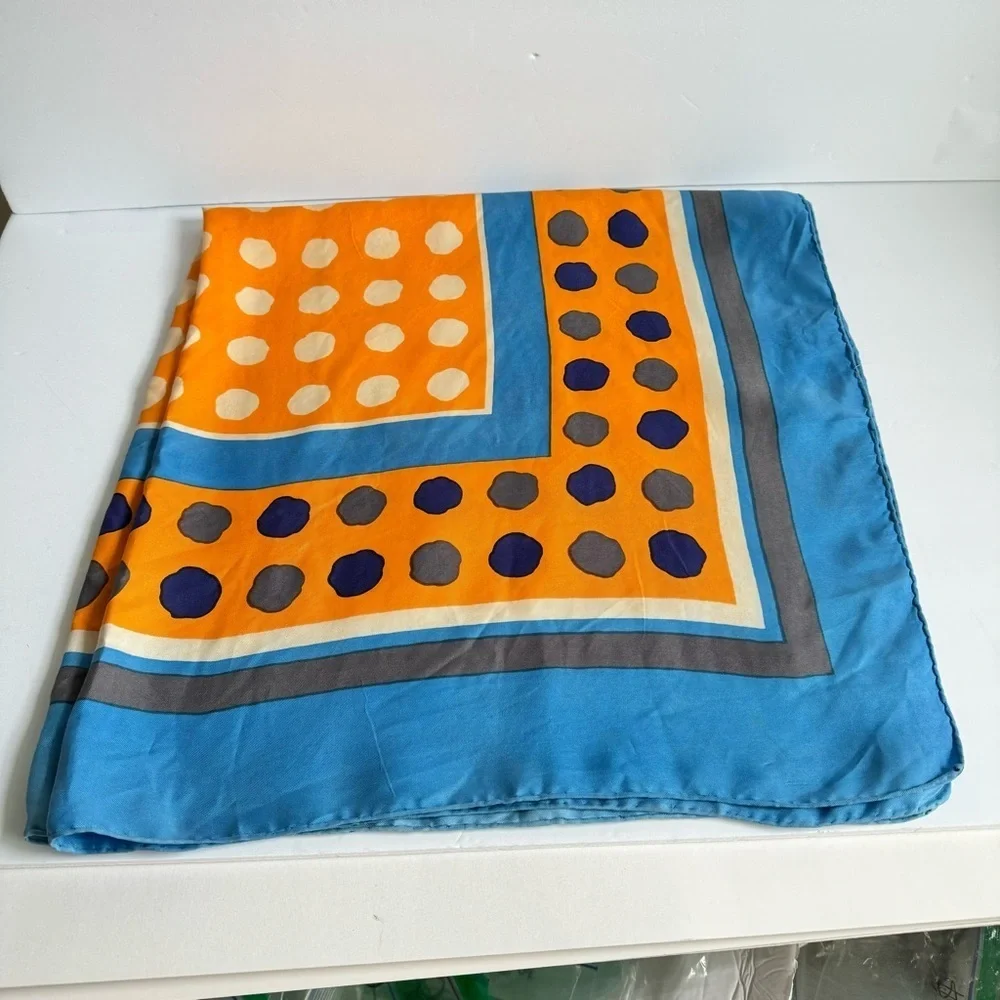 Vintage Yves Saint Laurent Silk‎ Scarf Blue Orange Large Polka Dot Geometric Mod